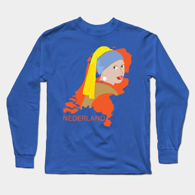 Girl With a Pearl Earring on Outline of the Netherlands Long Sleeve T-Shirt by pelagio